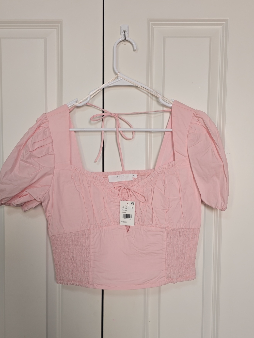 Astr Pink Puff Sleeve Square Neck Crop Top